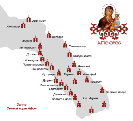 Карта монастырей Афона