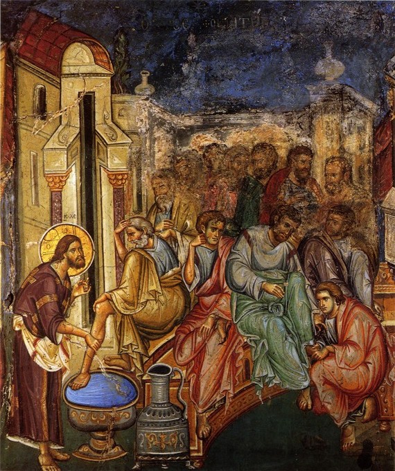 Умовение ног апостолов. Нач. XIV в, фреска монастыря Ватопед, Афон
