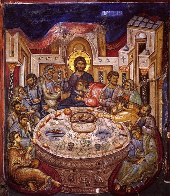 Тайная Вечеря. Нач. XIV в, фреска монастыря Ватопед, Афон