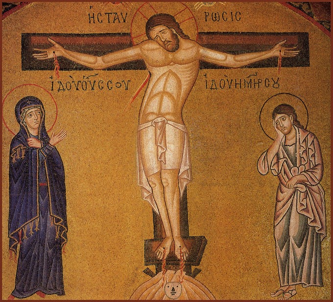 Распятие. Фреска кафоликона монастыря Хозиос Лукас. XI в
