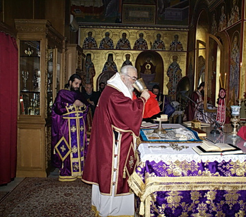 Митрополит Касторьи Серафим причащается Святых Преждеосвященных Даров