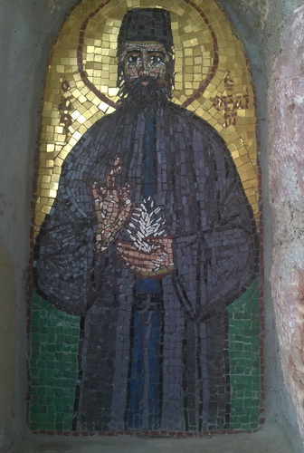 Святой Ефрем Новый. Мозаичный образ у святых врат монастыря Неа Макри